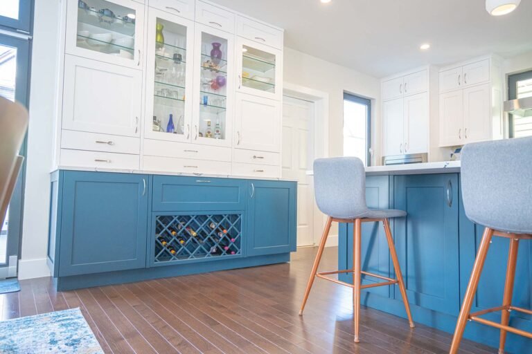 cabinet and wine rack view of newly build sleek and modern kitchen in Mississauga